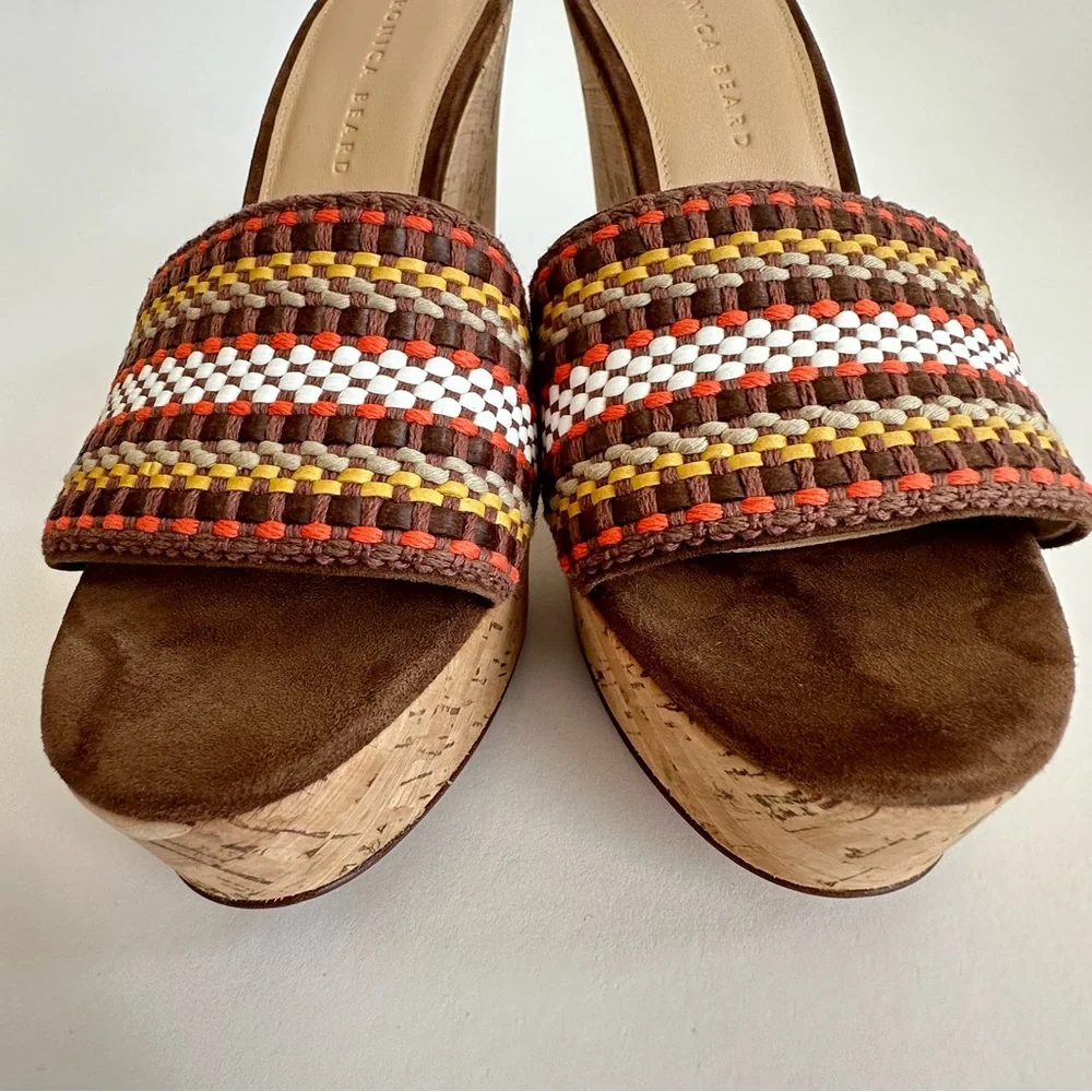 Veronica Beard Dali Multi Woven Raffia Cork Wedge Slide Sandals Brown Tan 9 NIB